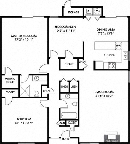 Floor plan for 2 beds, 2 baths, 1465 sqft